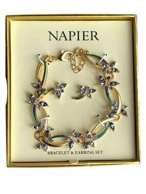 New NAPIER Dragonfly Bracelet Post Earrings Gold Tone Blue Jewelry Set in Box